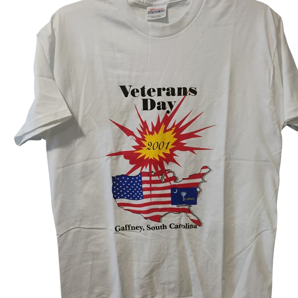 Vintage Hanes Veterans Day 2001 Gaffney South Carolina T-Shirt White Mens Medium
